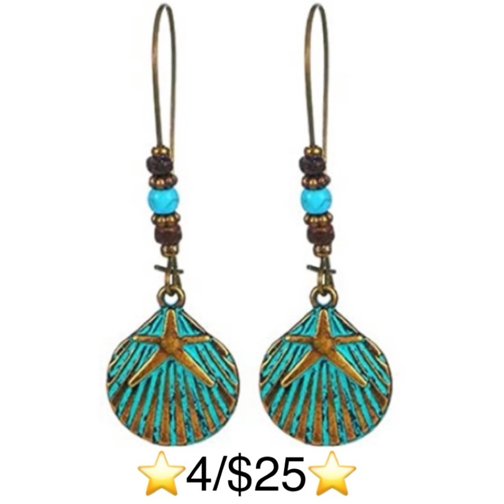Seashell Earrings Turquoise Bronze Seashell + Starfish Dangling Beaded Earrings